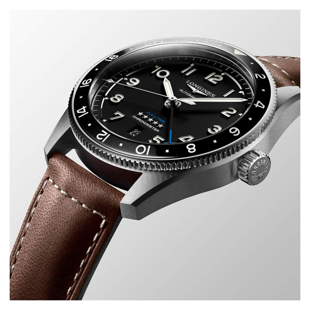 Longines Avigation Spirit Zulu 42mm Automatic Black Dial Black Bezel Brown Leather Strap Watch image number 1