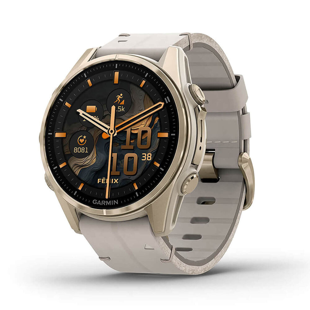 Garmin fenix® 8 AMOLED Sapphire 43mm Soft Gold Case Limestone Leather Strap Watch