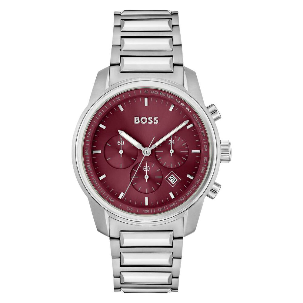 BOSS Trace 44mm Burgundy Dial Steel Bracelet Chronograph Watch image number 0