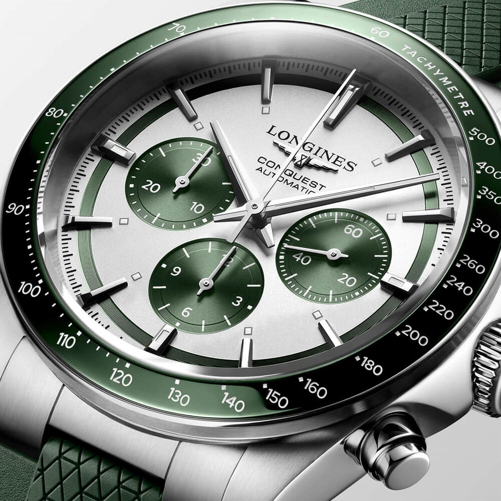 Longines Conquest Chronograph 42mm Silver Dial Green Rubber Strap Watch image number 2