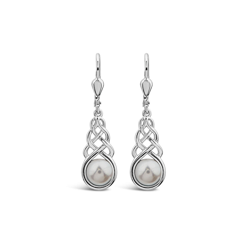 Sterling Silver Fresh Water Pearl Celtic Knot Drop Earrings image number 0