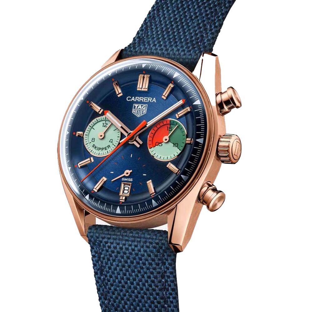 TAG Heuer Carrera Chronograph Skipper 39mm Blue Dial 18k Rose Gold Case Fabric Strap Watch