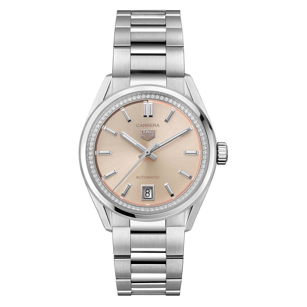 TAG Heuer Carrera Date 36mm Pink Dial Diamond Bezel Steel Bracelet Watch
