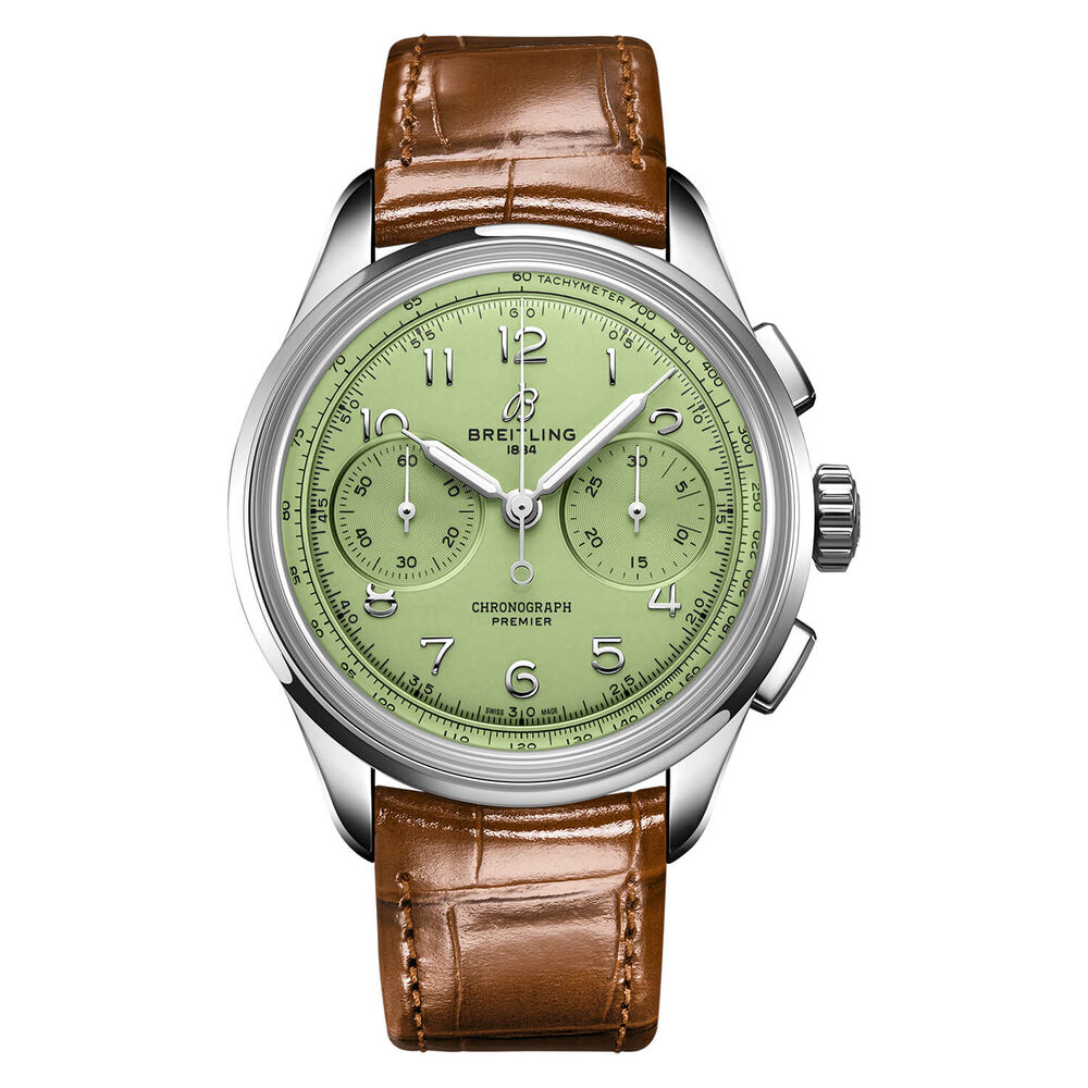 Breitling Premium B09 Chronograph 40mm Green Dial Brown Leather Strap Watch