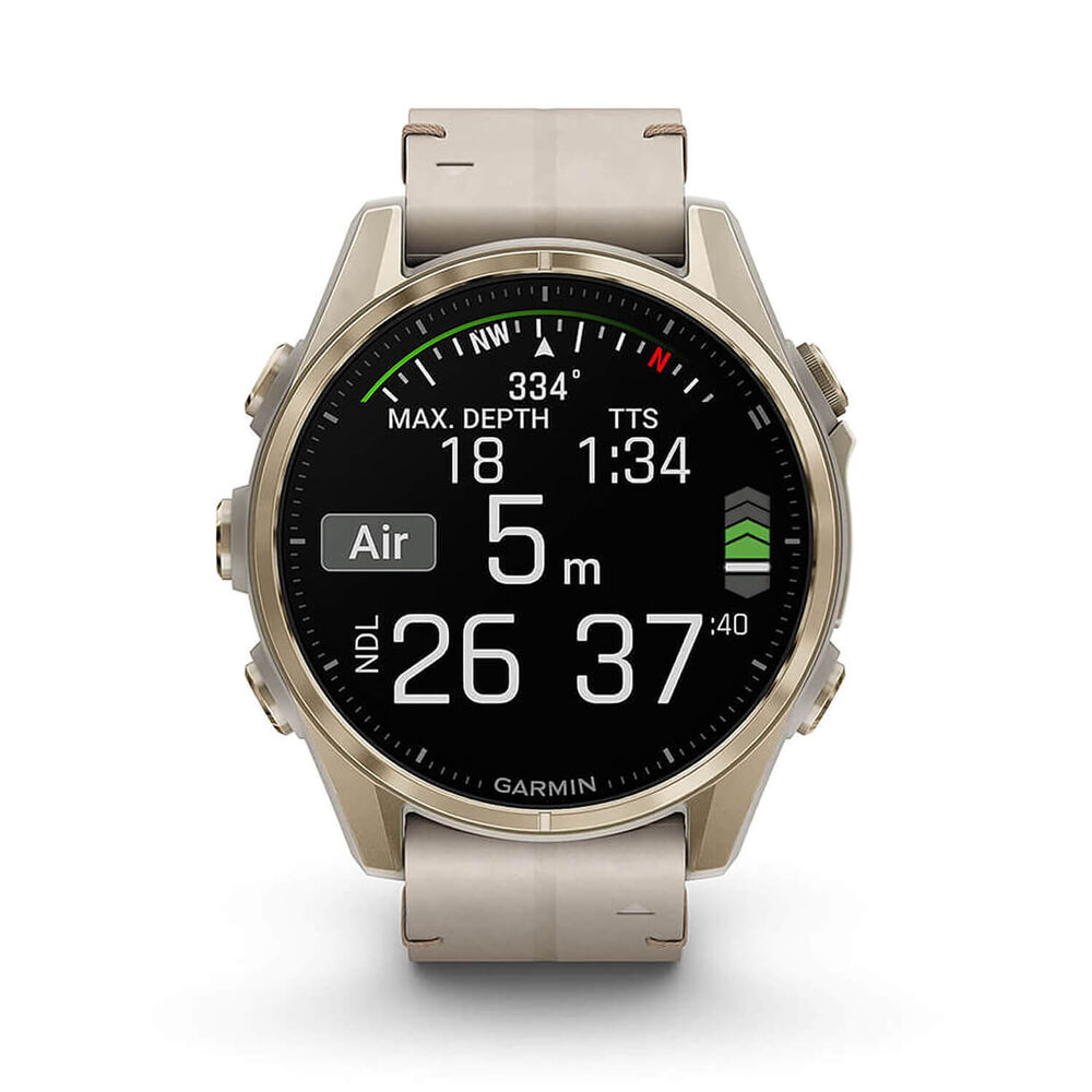 Garmin fenix® 8 AMOLED Sapphire 43mm Soft Gold Case Limestone Leather Strap Watch image number 2