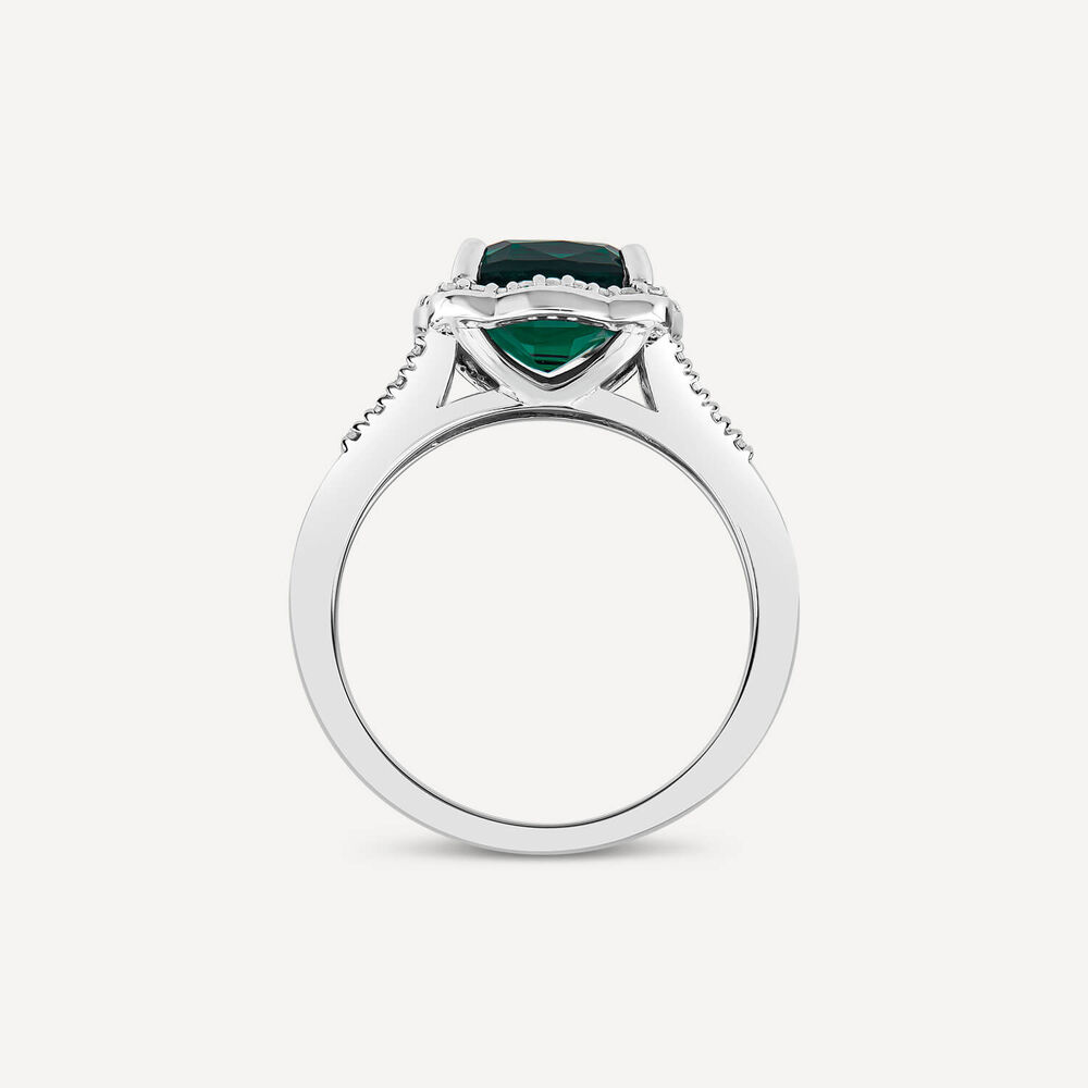9ct White Gold 0.15ct Diamond and Created Emerald Cushion Halo Ring