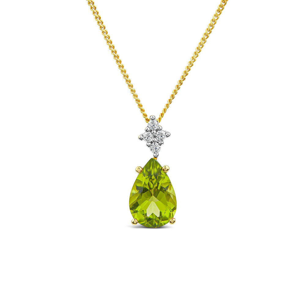 9ct Yellow Gold Pear Peridot & 0.05ct Diamond Pendant image number 0