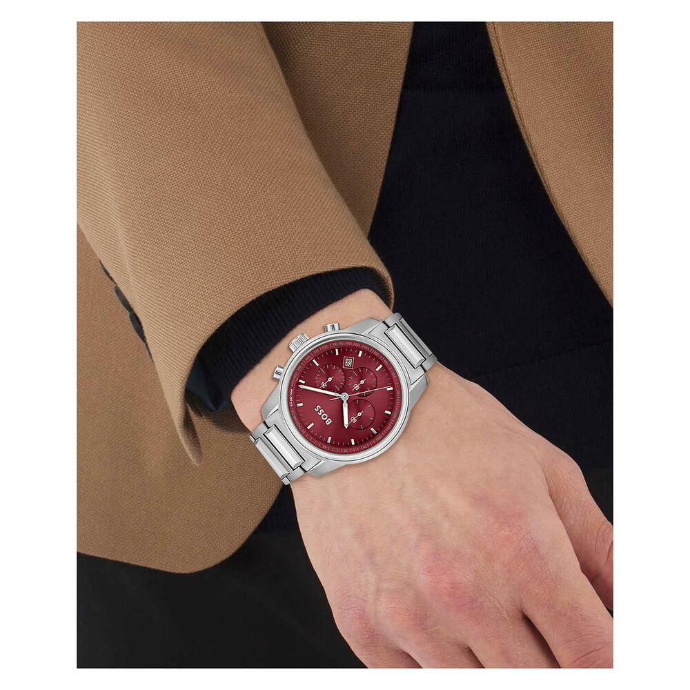 BOSS Trace 44mm Burgundy Dial Steel Bracelet Chronograph Watch image number 2