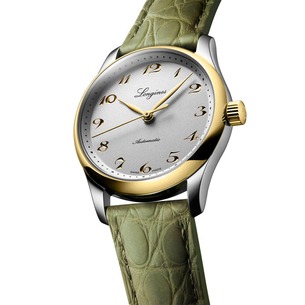 Longines Master Collection 34mm Silver Dial Yellow Gold Index Green Leather Strap Watch