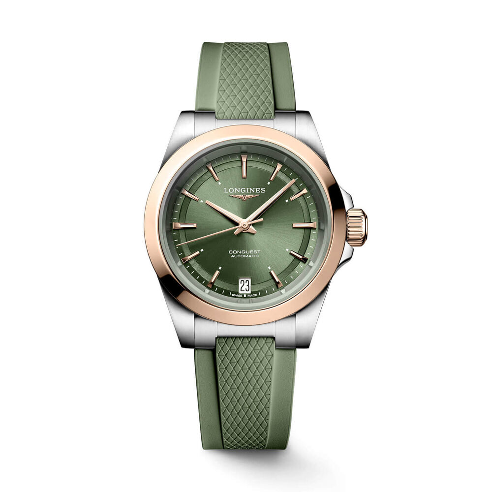Longines Conquest 34mm Green Dial Pink Gold Case Rubber Strap Watch