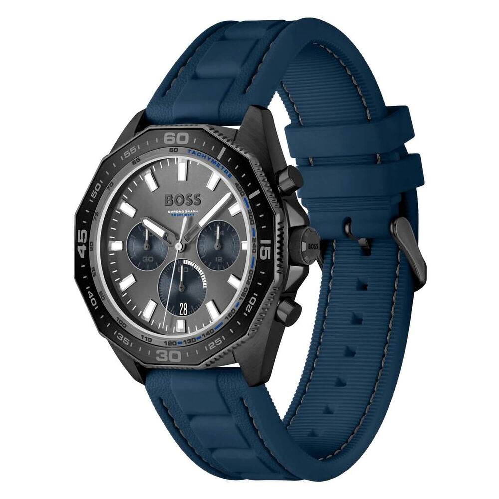 BOSS Energy 44mm Grey Dial Black PVD Case Blue Rubber Strap Chrono Watch