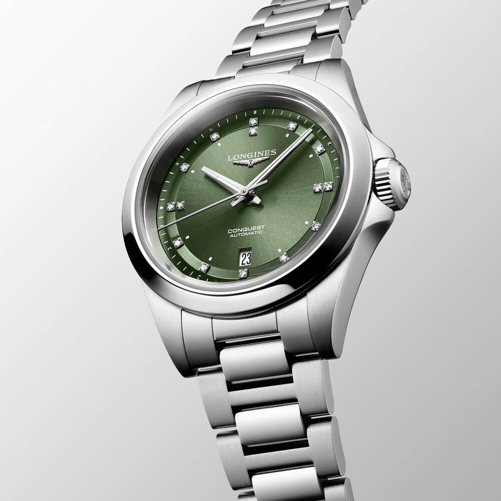 Longines Conquest 30mm Green Dial Diamond Dots Steel Bracelet Watch