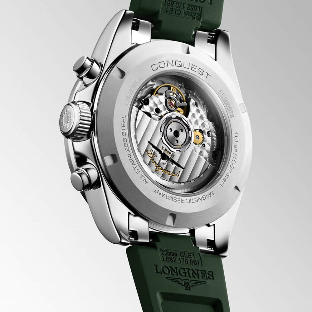 Longines Conquest Chronograph 42mm Silver Dial Green Rubber Strap Watch image number 3