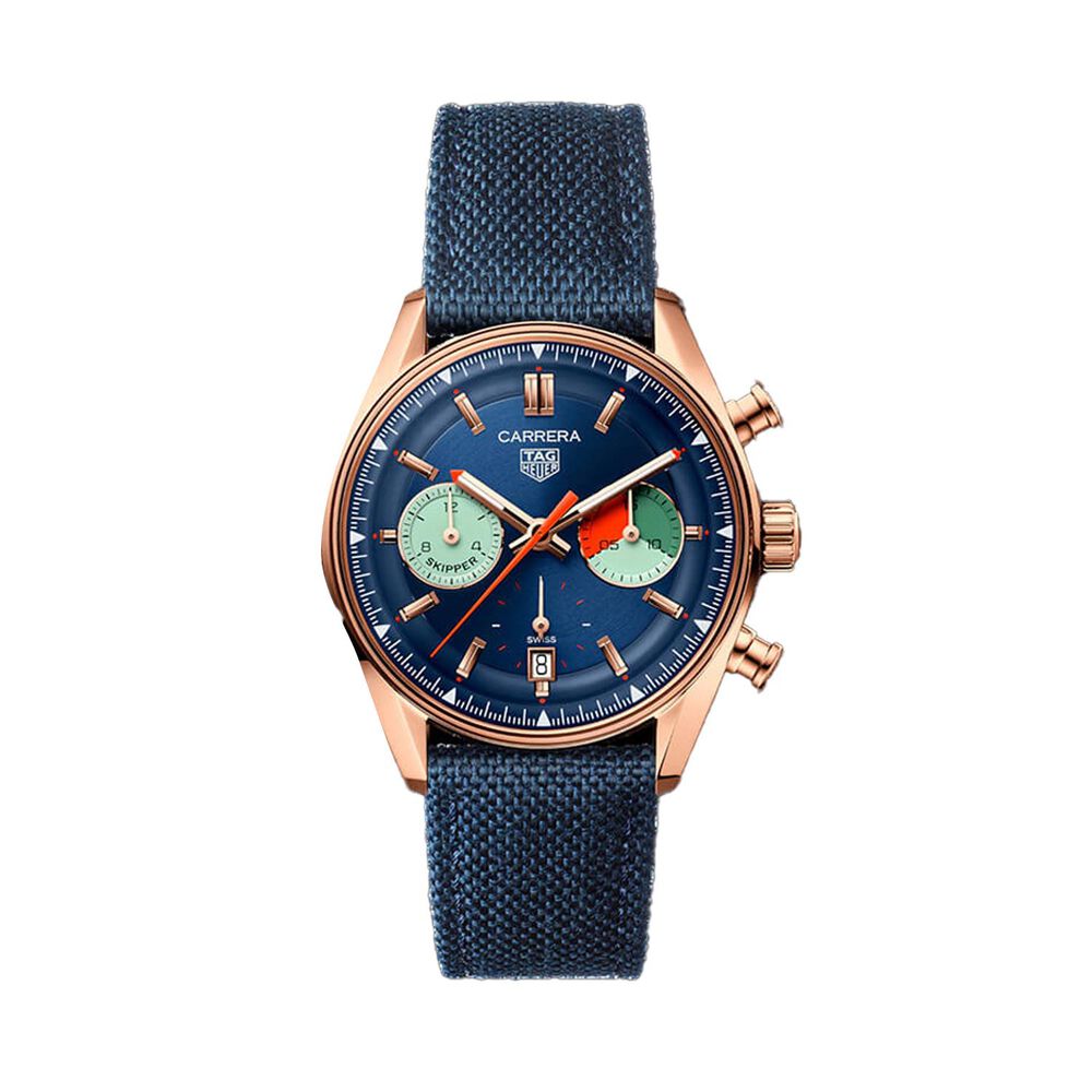 TAG Heuer Carrera Chronograph Skipper 39mm Blue Dial 18k Rose Gold Case Fabric Strap Watch