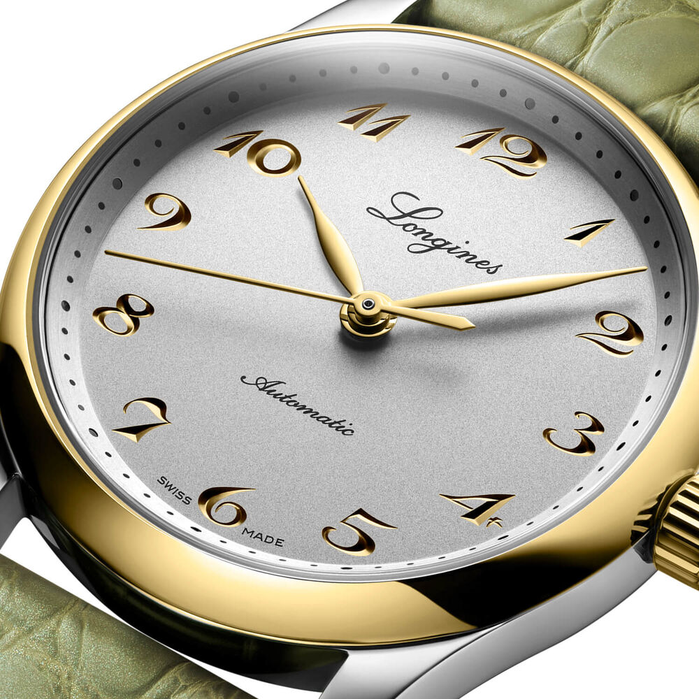 Longines Master Collection 34mm Silver Dial Yellow Gold Index Green Leather Strap Watch image number 3