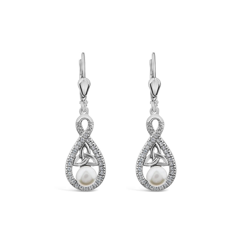 Sterling Silver Pearl & Cubic Zirconia Trinity Knot Drop Earrings image number 0