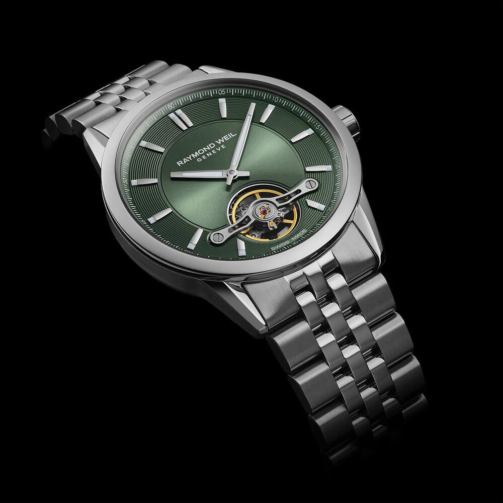 Raymond Weil Freelancer Automatc 42mm Green Dial Open Heart Steel Bracelet Watch image number 3