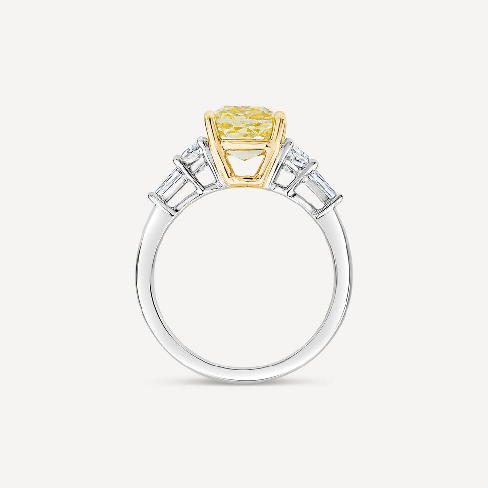 Born Platinum 2.60ct Yellow Cushion Centre & Tappered Trapezoid Lab Grown Diamond Sides Ring image number 3