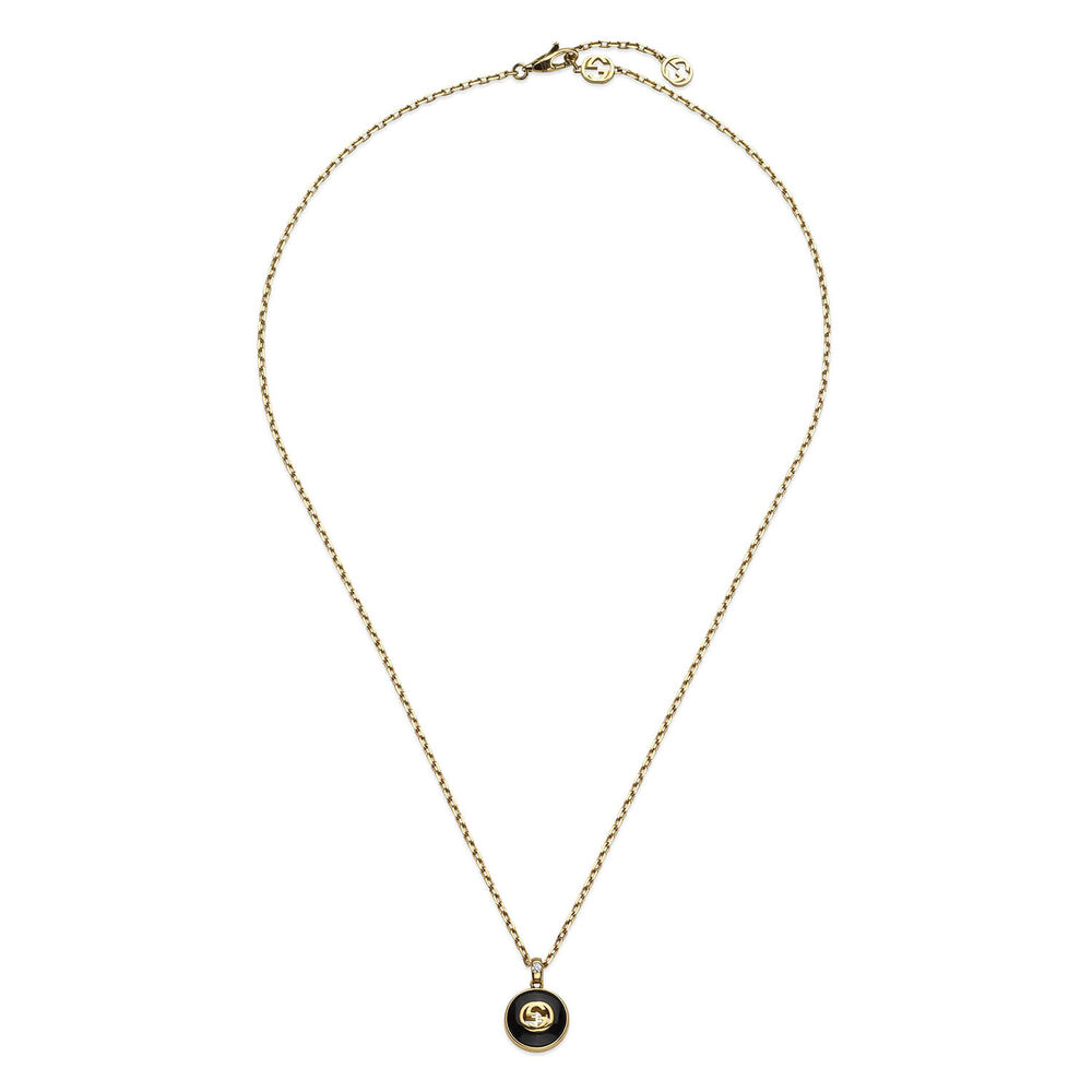 Gucci Interlocking Onyx & Diamond 18k Yellow Gold Necklace