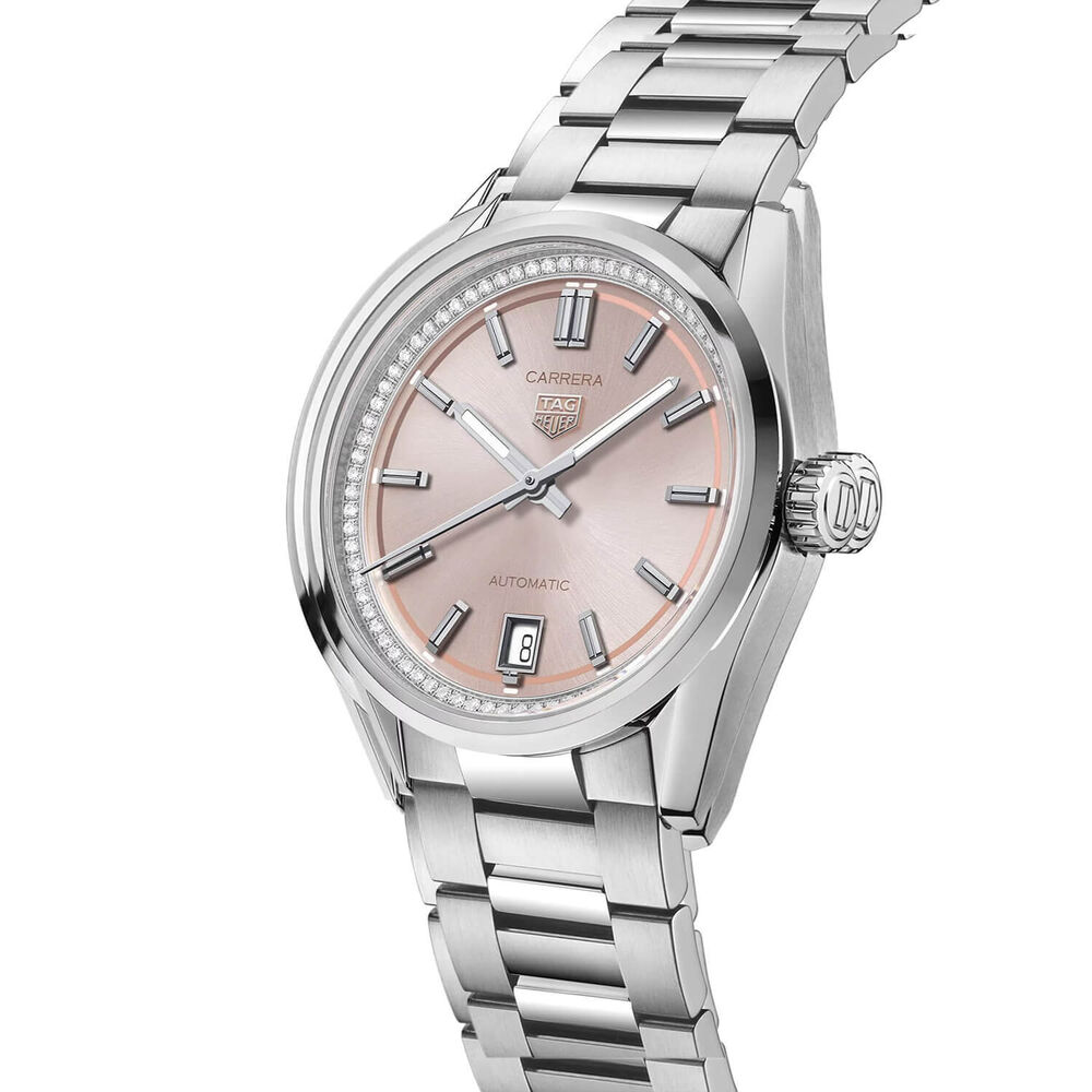TAG Heuer Carrera Date 36mm Pink Dial Diamond Bezel Steel Bracelet Watch