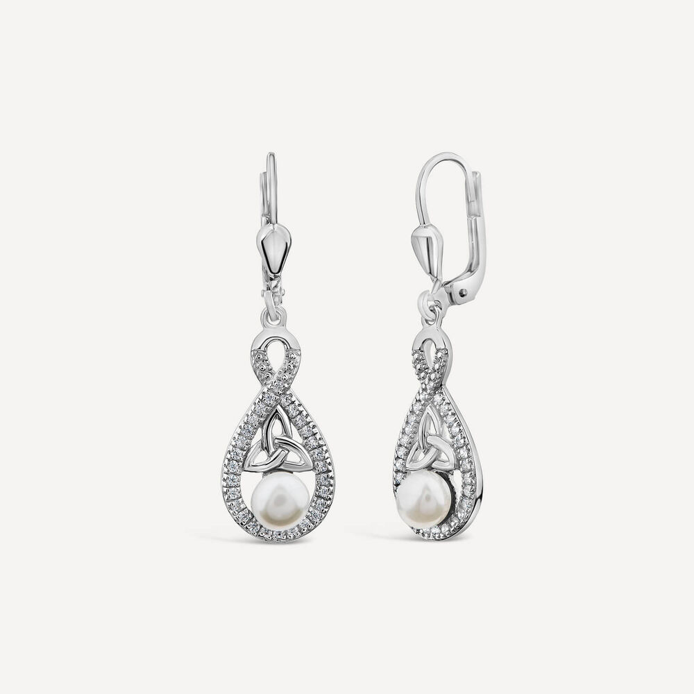 Sterling Silver Pearl & Cubic Zirconia Trinity Drop Earrings