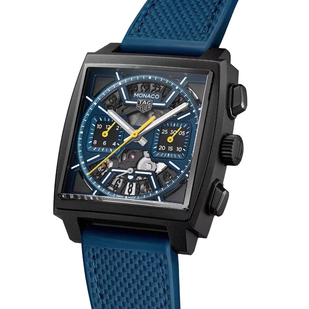 TAG Heuer Monaco Chronograph 39mm Dark Blue Skeleton Dial Rubber Strap Watch