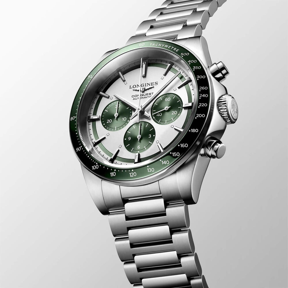 Longines Conquest 42mm Silver Dial Green Bezel Steel Bracelet Watch