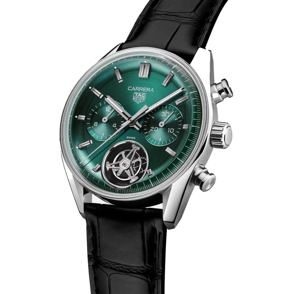 TAG Heuer Carrera Chronograph Tourbillon 42mm Green Dial Leather Strap Watch