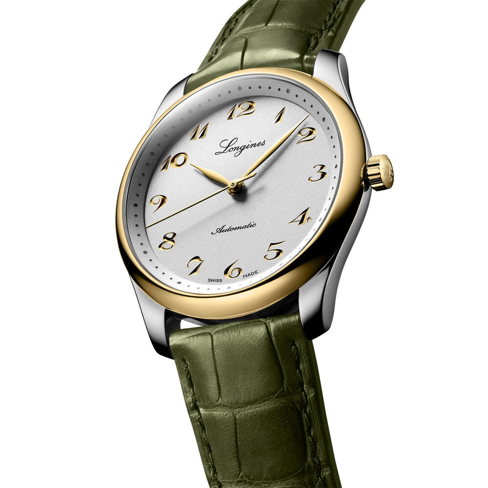 Longines Master Collection 40mm Silver Dial Yellow Gold Index Green Leather Strap Watch image number 1