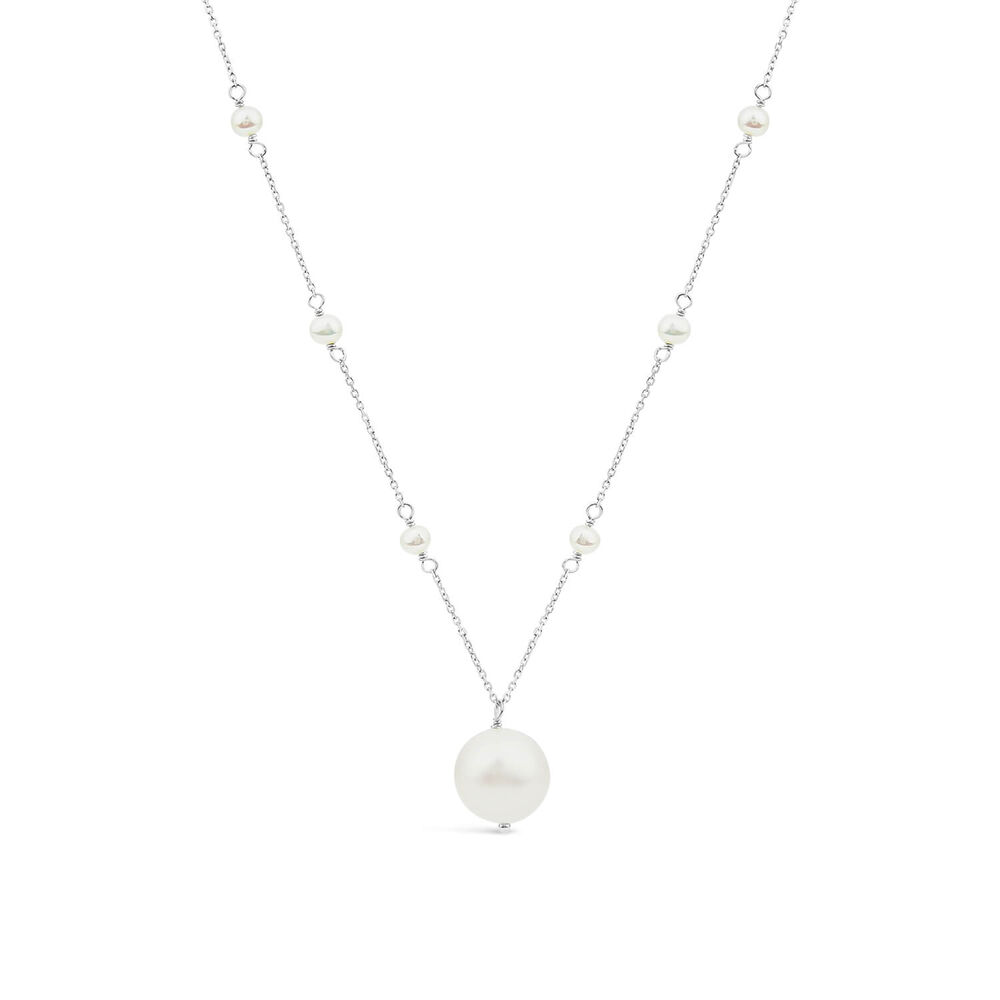 9ct White Gold Pearl Station Chain & Pearl Drop Pendant Necklet