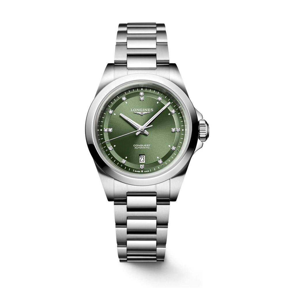 Longines Conquest 30mm Green Dial Diamond Dots Steel Bracelet Watch