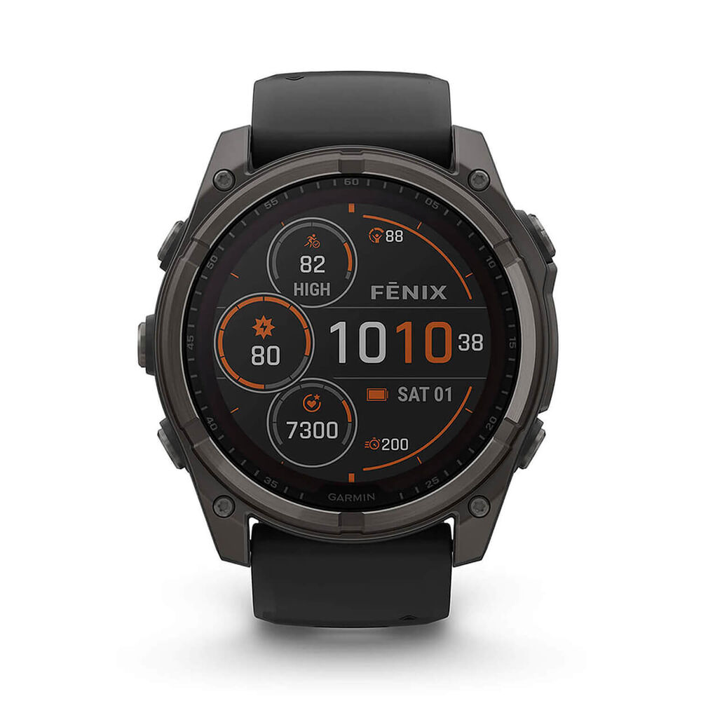 Garmin fenix® 8 Solar 51mm Carbon Grey DLC Titanium Case Black Pebble Gray Silicon Strap Watch