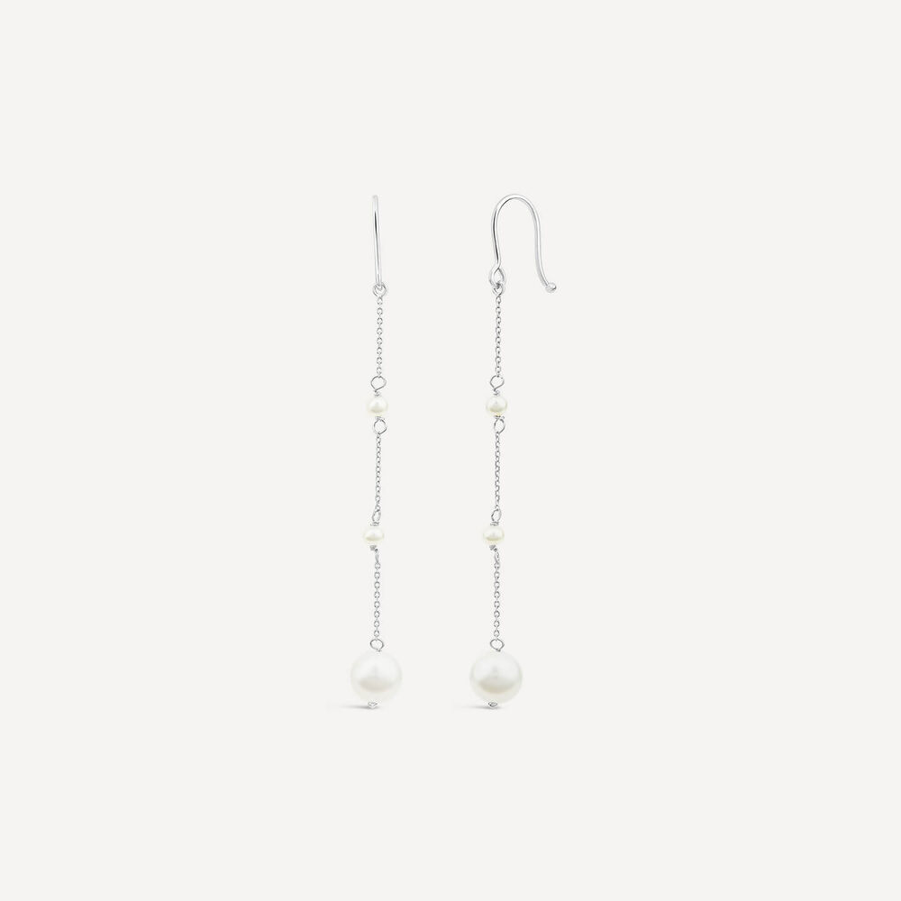 9ct White Gold Pearl Station Chain Drop Earrings