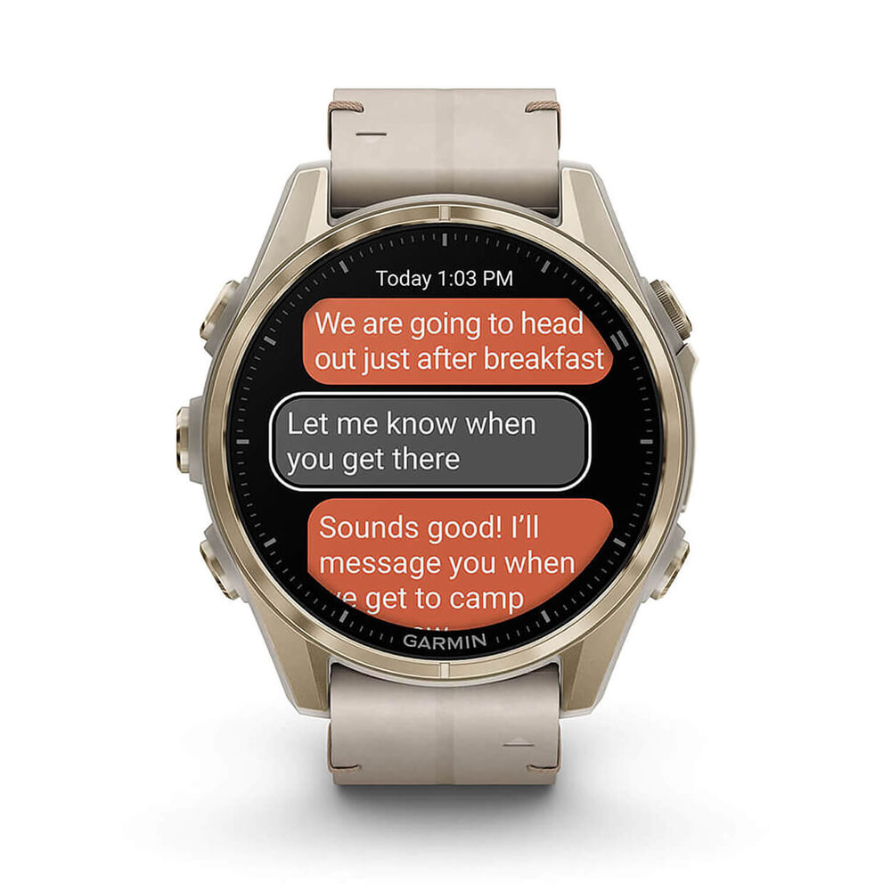 Garmin fenix® 8 AMOLED Sapphire 43mm Soft Gold Case Limestone Leather Strap Watch image number 9