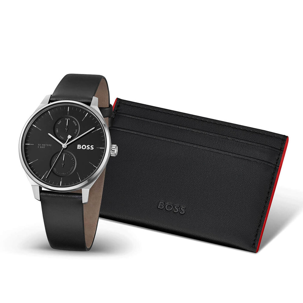 BOSS Tyler 43mm Black Dial Leather Strap Watch & Black Leather Card Holder Set image number 5