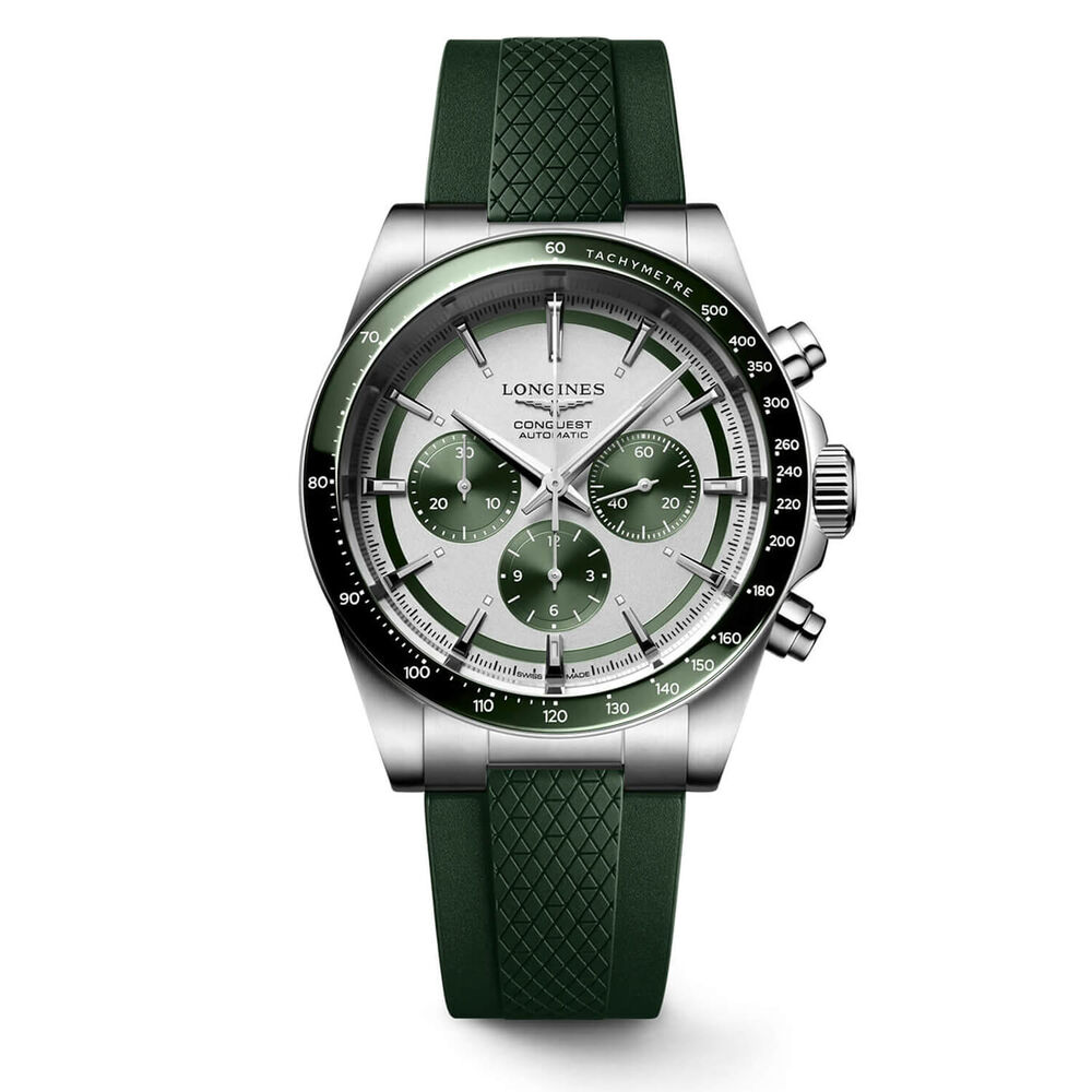 Longines Conquest Chronograph 42mm Silver Dial Green Rubber Strap Watch