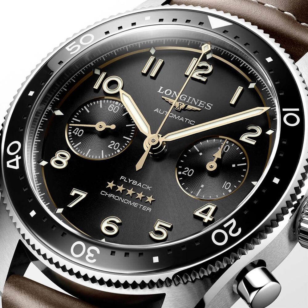 Longines Avigation Spirit Flyback 42mm Black Chronograph Dial Brown Strap Watch image number 3