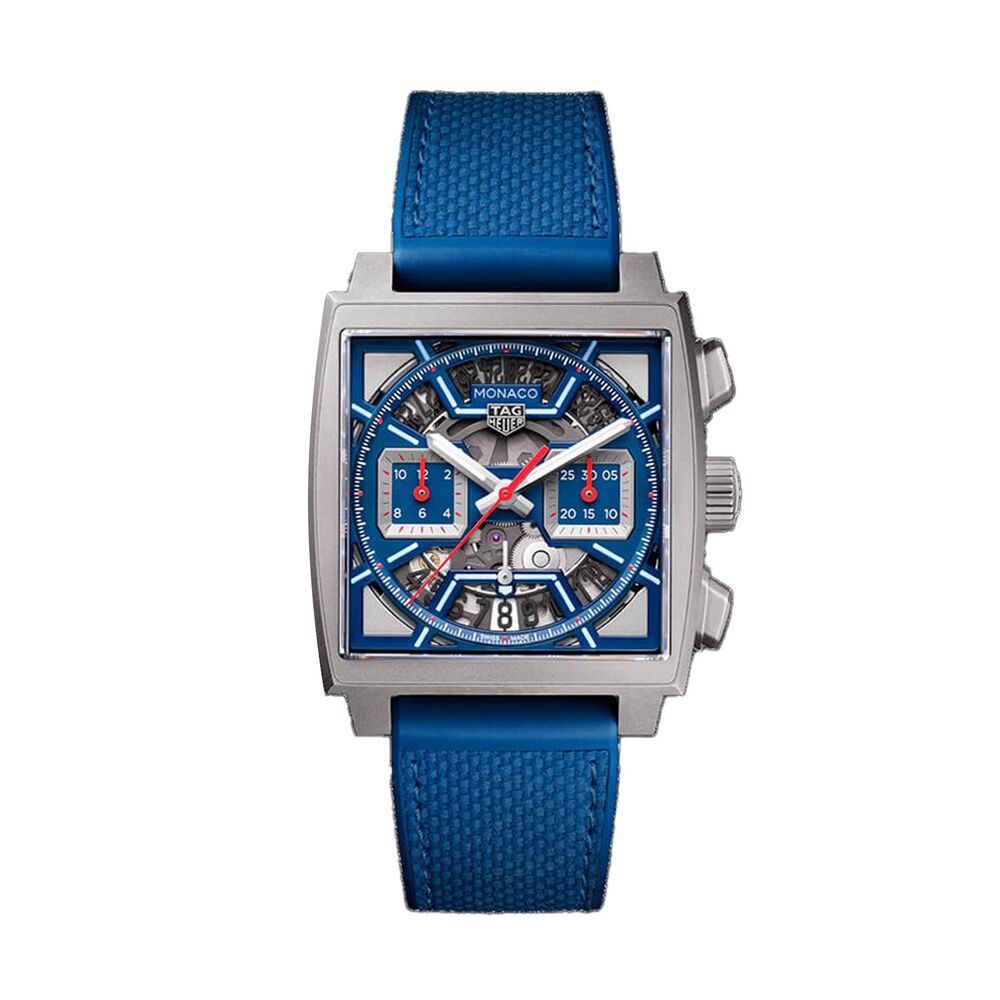 TAG Heuer Monaco Chronograph 39mm Blue Skeleton Dial Rubber Strap Watch