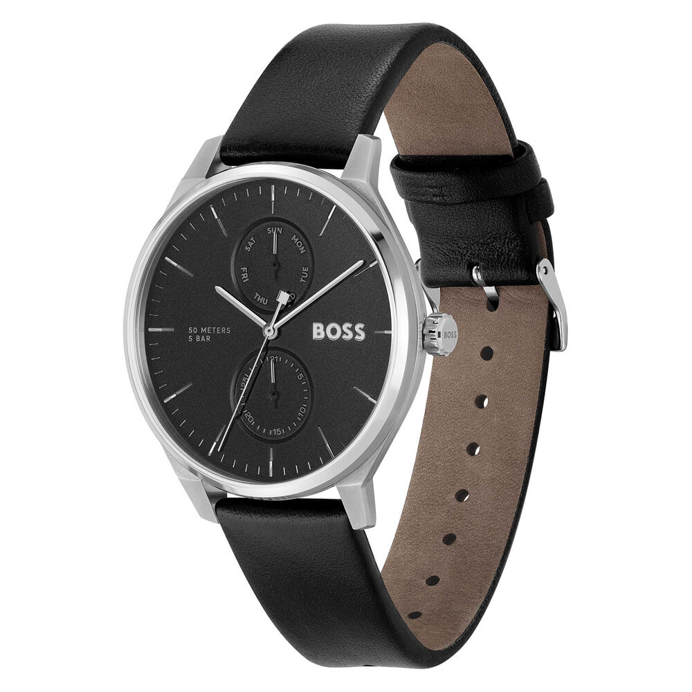 BOSS Tyler 43mm Black Dial Leather Strap Watch & Black Leather Card Holder Set image number 2