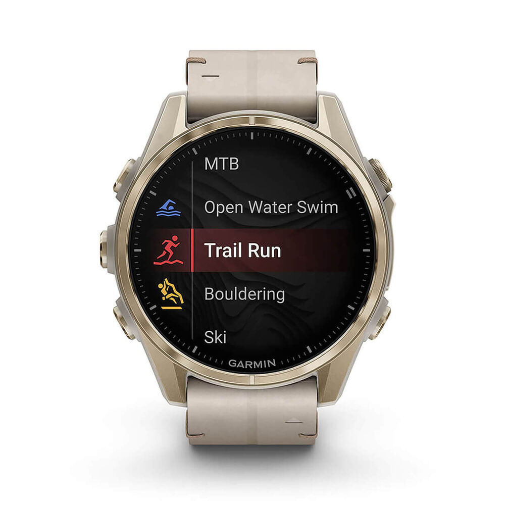 Garmin fenix® 8 AMOLED Sapphire 43mm Soft Gold Case Limestone Leather Strap Watch image number 4