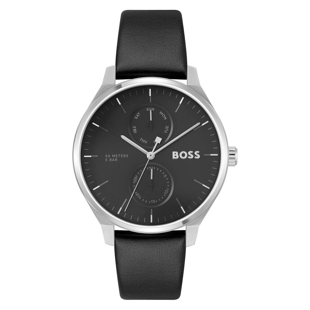 BOSS Tyler 43mm Black Dial Leather Strap Watch & Black Leather Card Holder Set