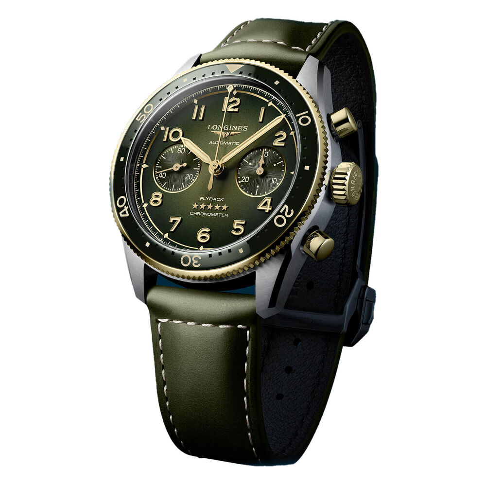 Longines Spirit Flyback Chronograph 42mm Green Dial Steel & 18k Gold Case Leather Strap Watch image number 5