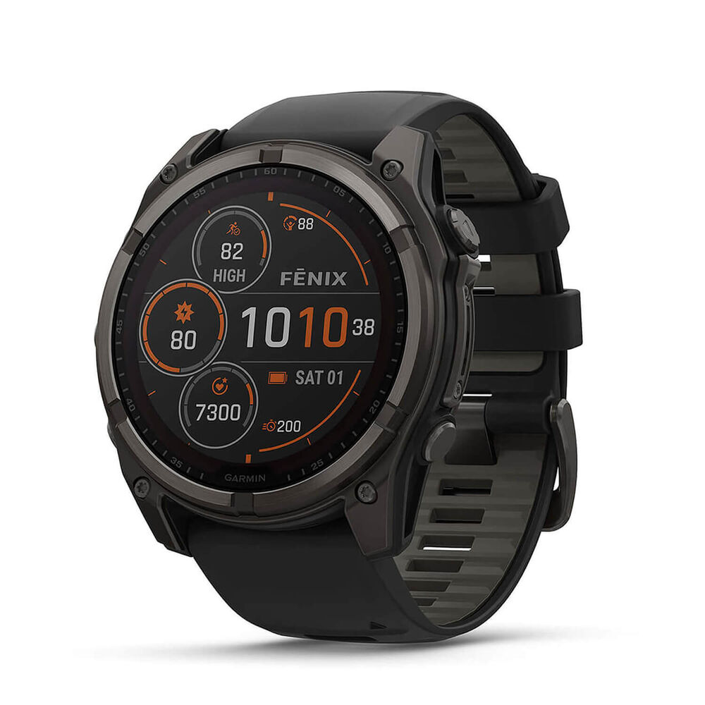 Garmin fenix® 8 Solar 51mm Carbon Grey DLC Titanium Case Black Pebble Gray Silicon Strap Watch