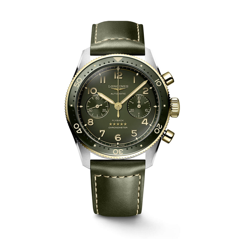 Longines Spirit Flyback Chronograph 42mm Green Dial Steel & 18k Gold Case Leather Strap Watch