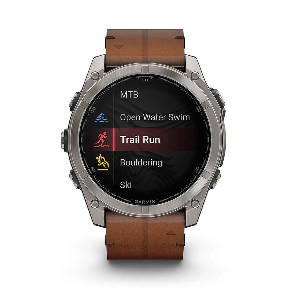 Garmin fenix® 8 AMOLED Sapphire 51mm Carbon Grey DLC Case Chestnut Leather Strap Watch image number 6