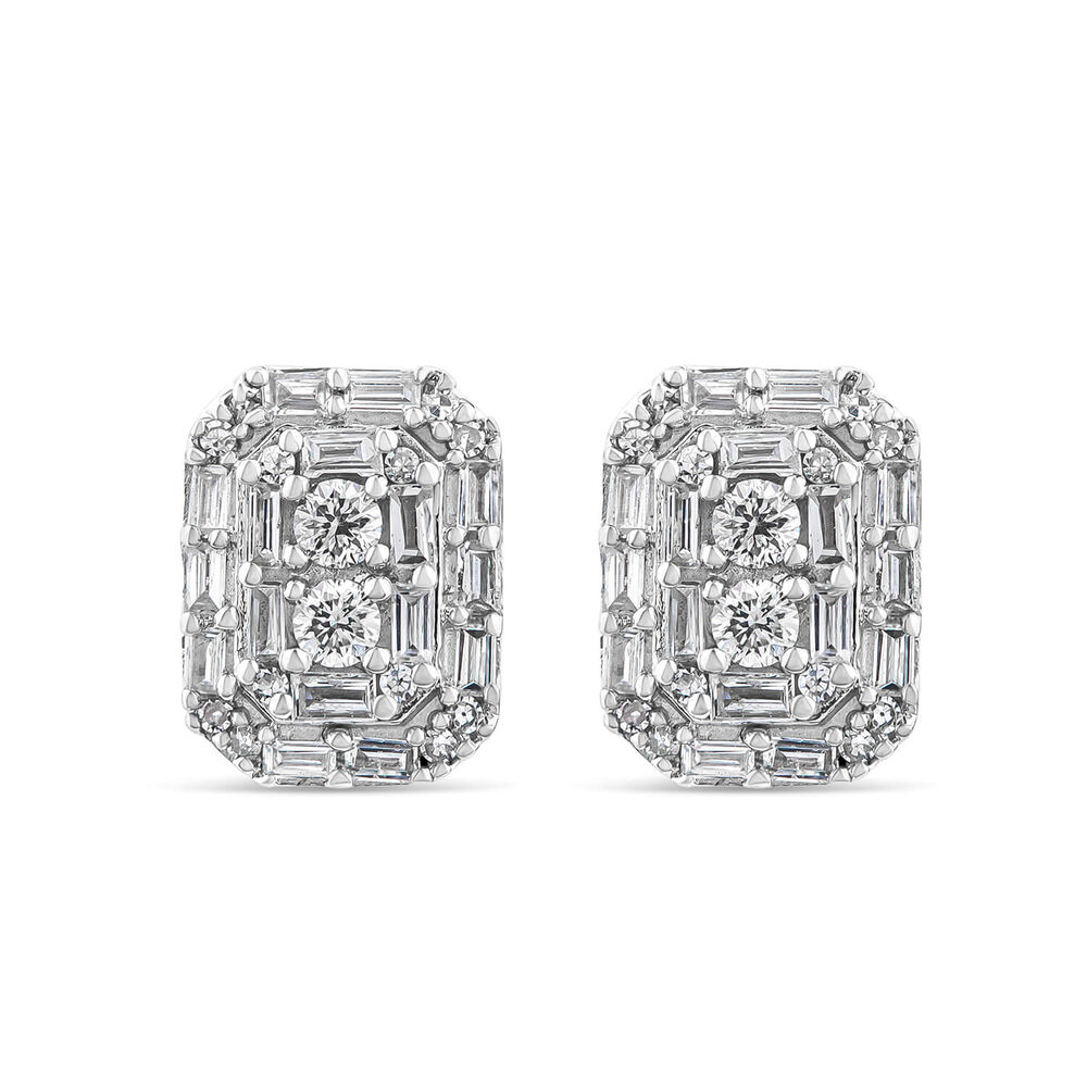 9ct White Gold 0.30ct Baguette & Round Cluster Stud Earrings