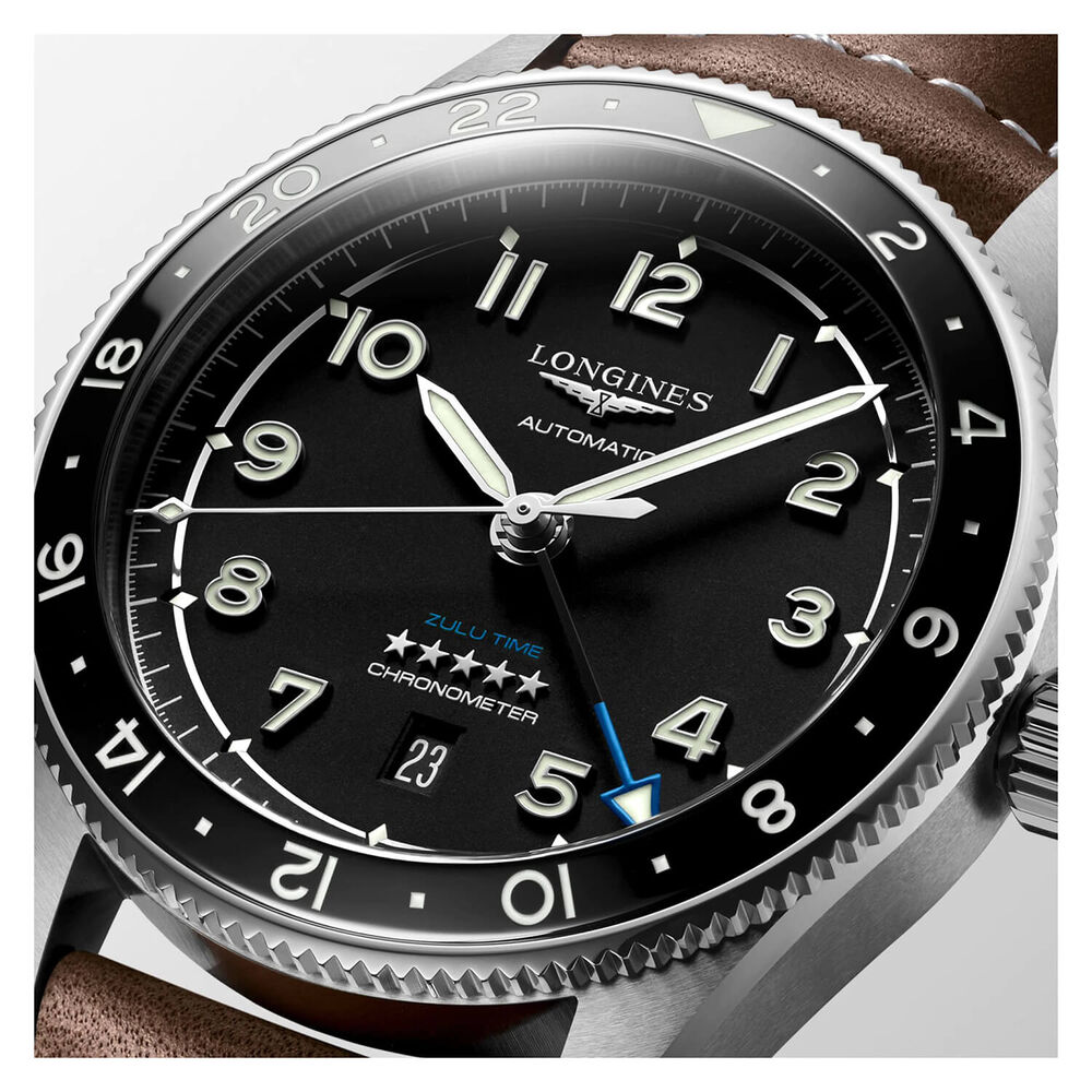 Longines Avigation Spirit Zulu 42mm Automatic Black Dial Black Bezel Brown Leather Strap Watch image number 4