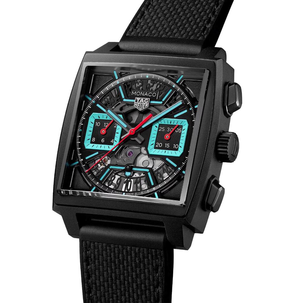 TAG Heuer Monaco Chronograph 39mm Black Skeleton Dial Turqoise Accents Rubber Strap Watch