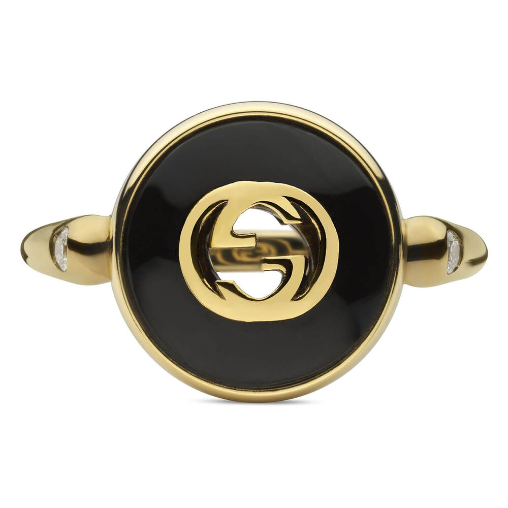 Gucci Interlocking Onyx 18k Yellow Gold Ring (UK Size M - N)