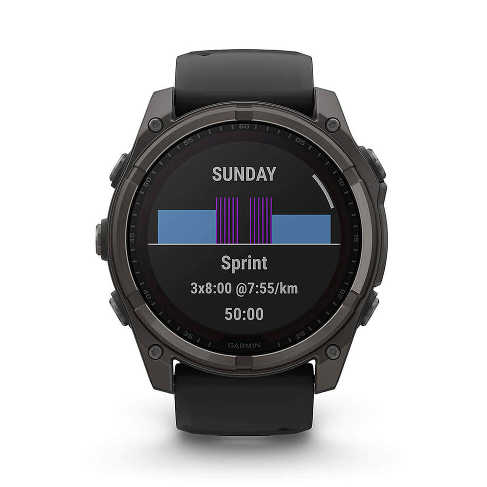 Garmin fenix® 8 Solar 51mm Carbon Grey DLC Titanium Case Black Pebble Gray Silicon Strap Watch image number 3